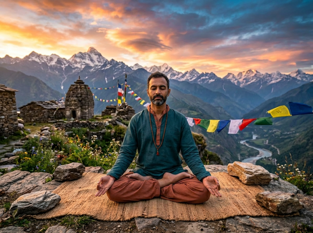 A man meditating in a cross-legged position on a mat outdoors with mountain peaks and colorful prayer flags in the background at sunset
